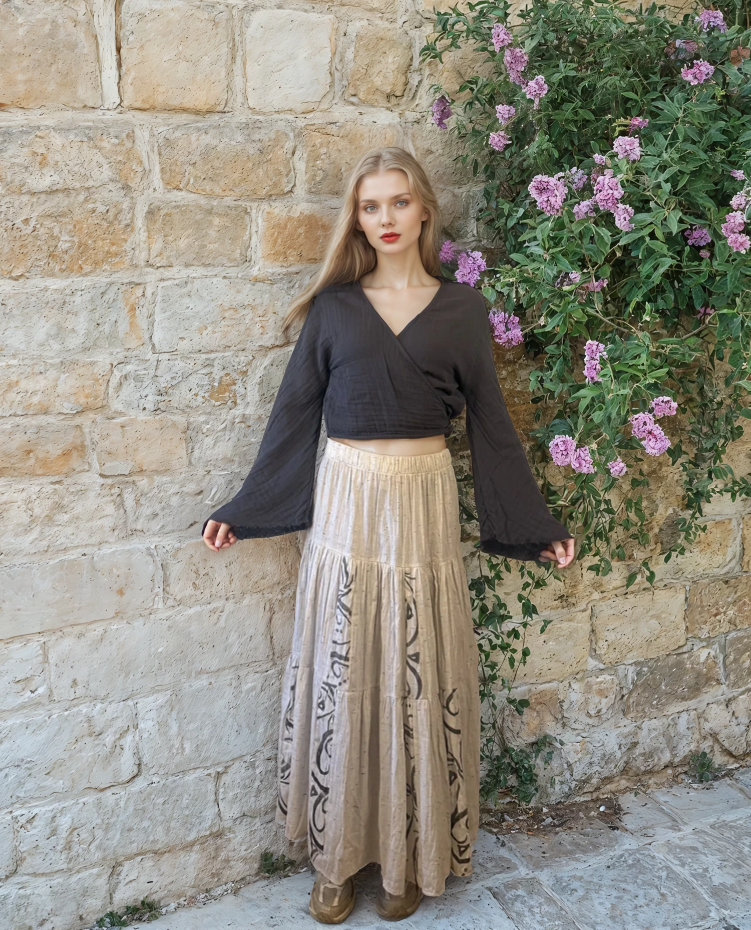 Bohem stil etnik desen detayları
Hafif, yumuşak ve yazlık kumaş
Günlük kullanım ve tatil kombinleri için ideal